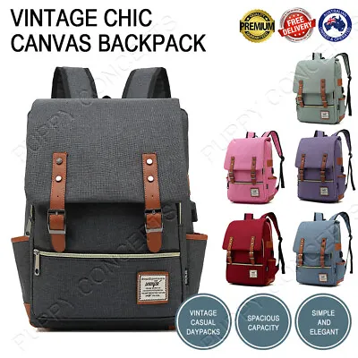 Men Women Vintage Chic Canvas Backpack Rucksack School Travel Laptop College Bag • $51.50