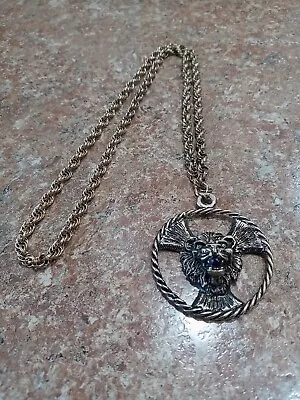 Vintage 70's Metal Lion Head Necklace With Black Stone In Mouth Long Chain  • $9.95