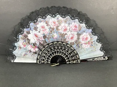 Cherry Blossom Black Lace Womens Fan Vintage Collectible Asian Motif 17-1/2  • $3.96