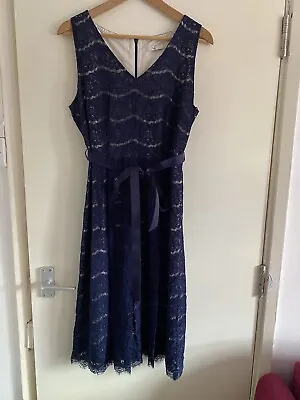 Vintage BHS Dress Navy Blue Lace Ribbon Tie Up Size 14 Occassion Wedding • $31.13