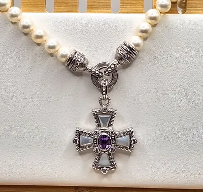 Judith Ripka Sterling Silver Necklace CZ Amethyst MOP Cross Pendant Purple  • $225