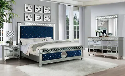 NEW Modern 4PC Blue Velvet Mirrored Queen King Bedroom Set Furniture Bed/D/M/N • $1799.99