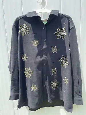 The Quaker Factory Women’s 2X Button Up Snowflakes Rhinestones Velvet Shirt Top • $35