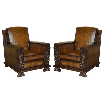 Pair Of Fully Restored Antique Club Armchairs With Gothic Carved Panels Must See • £9500