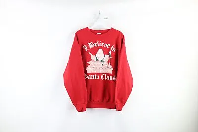 Vintage 90s Womens XL Distressed Spell Out Christmas Santa Claus Sweatshirt USA • $40.45