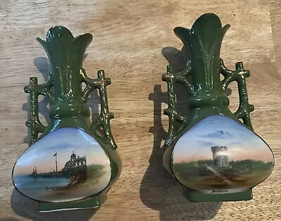 Antique Wood Hole Massachusetts Cape Cod German Porcelain Souvenir Vase Set Of 2 • $195