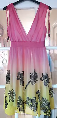 Ladies Size S (8-10) Max C London Floaty Dress Pink Yellow Birds Flowers Beads • £12