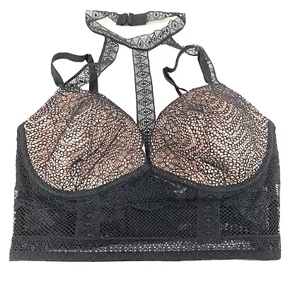 NEW Very Victorias Secret Bra 34D Lined Plunge Beige Black Floral Lace Halter • £30.85