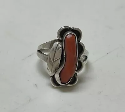 Vtg Navajo Old Pawn Indian Feather Coral Silver Ring Sz 5.75 Rare • $35