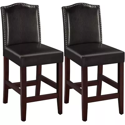 Faux Leather Counter Stools Barstools Solid Wood Legs High Backrest 2pcs Brown • $112.98