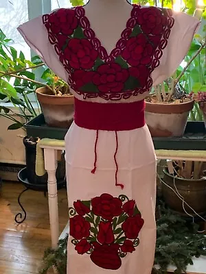 Puebla Mexican Dress W/ Belt Bata Faja Vestido Flowers Pink Red M/L 1 Size 1884 • $39.90