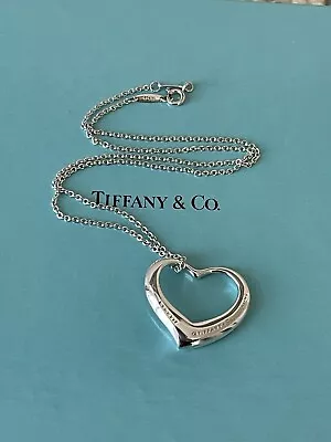 Tiffany Elsa Peretti Sterling Silver Open Heart Necklace Large Pendant 16” H-28 • $239