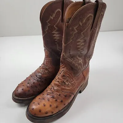 Lucchese 2000 Full Quill Ostrich Inlays Shark Crepe Sole Mens Western Boots 9 2E • $165