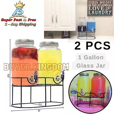 Elegant Glass Mason Jar Beverage Juice Drink Dispenser Metal Stand 1 Gallon 2pcs • $95.23