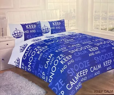 King Size Keep Calm And Snooze Blue Duvet Cover Set Polycotton Bedding Set • £16.99