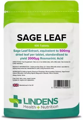 Sage Leaf 500mg Tablets (100 Pack) Menopause Hot Sweats Flushes [Lindens 0243] • £7.84