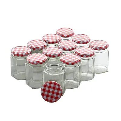 12 X JAM JARS 250ML WIDE MOUTH GLASS PRESERVE POTS GINGHAM RED LIDS MODERN ZENO • £11.95