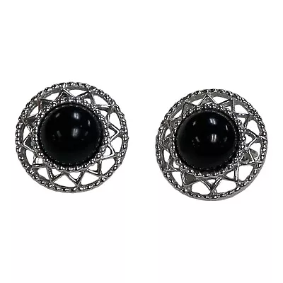 VTG Black Stone Silver Tone Clip On Earrings Sarah Coventry Jet Set • $7.98