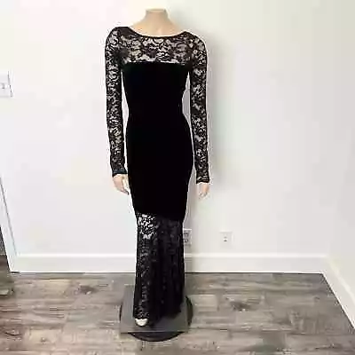 Vintage 90s Georgiou Size Small S Black Velvet Lace Long Sleeve Mermaid Dress • $74.97