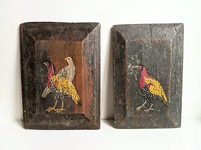 2 Vtg Primitive Hand Painted Bird Pheasant Wood Plaques Rustic Farm House Deco • $85