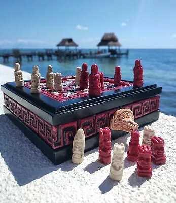 Mexican Chess Set Handmade Wood Red Mayan Calendar Artesania Aztec Art 75×75in • $99.99