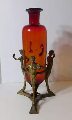 Giorgio Sommer Bronze Venetian Red Glass Vase Amphora Three Fauns Satyrs • $299.95