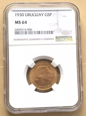 Uruguay 1930 Constitution 5 Pesos NGC MS64 Gold CoinUNC • $891