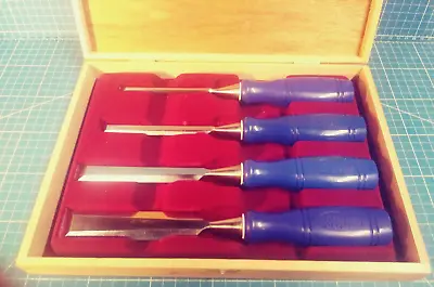 Record Marples Tools Sheffield England 4Pc Blue Chip Chisel Set In Wooden Case • $100