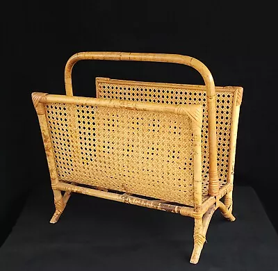 Vtg MCM Magazine Rack Record Rack Bamboo Woven Rattan 17  Tall Wicker Decor • $19.99