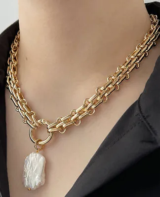 Freshwater Pearl Pendant Chunky Chain Vintage Elegant Baroque Pearls Necklaces • $13.99