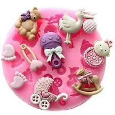 Silicone Mould Baby Rattle Pram Stork Cupcake Decorating Baby Shower Icing 3 • £5.99