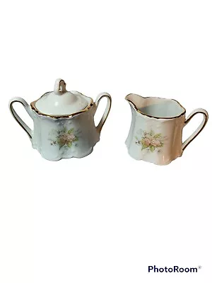 Winrose Collection China Lidded Sugar Bowl And Creamer Pink Floral & Gold Leaf • $36.95