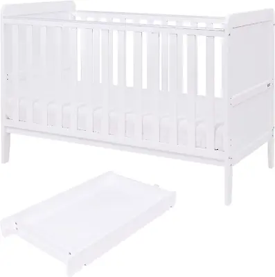 Wooden 3 In 1 | Baby Cot Toddler Bed And Matching Cot Top Baby Changer (White) • £420.83