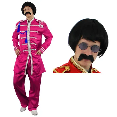 Pink Sergeant Pepper Costume Adults Wig Tash Glasses 1960s Rock Fancy Dress • £33.99