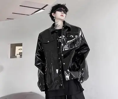 Men's Fashion Lapel Long Sleeve Loose Faux Leather Jacket Party Punk Rock Coats • $65.54