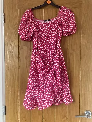 Quiz Clothing Pink White Hearts Wrap Dress Puff Sleeves UK Size 6 • £14.99