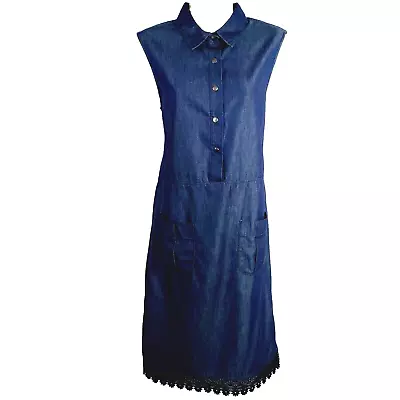 Jaeger Womens Chambray Denim Dress Size 12 Navy Sleeveless Lace Hem Lightweight • £19.99