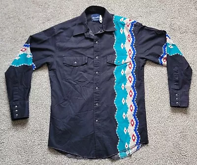  VTG Wrangler Western Shirt Black Aztec Pearl Snap Button Up Cowboy Size Medium • $49.99