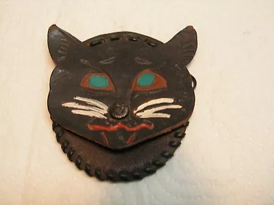 Vintage Black Leather  Kitty Cat Coin Purse Wallet Small Snap Close Handmade • $19.99