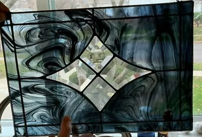 LEADED GLASS WINDOW BEVELED VINTAGE DESIGN WITH BLACK SWIRLED GLASS Very Rare • $149.99