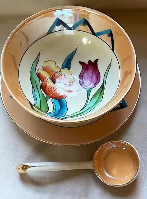 Noritake Art Deco Mayonnaise Set Parrot Tulips Teal Zig Zag Pattern Tan Luster • $24.95