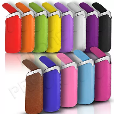 Button Close Leather Pull Tab Case Cover Pouch Holster For Various Mobile Phones • £3.79