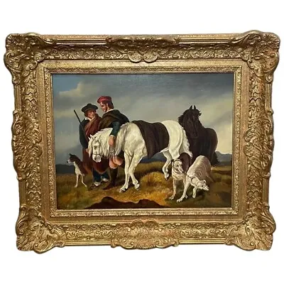 Scottish Hunting Oil Painting Highlanders With Lurcher Dogs & Horses On Moors • £2000