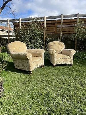 Pair Of Antique Traditional Gold Fabric Armchairs • £295