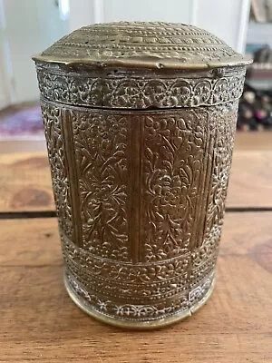 Antique Indian / Burmese Engraved Brass Cylindrical Box In Mughal Islamic Style • $118.23