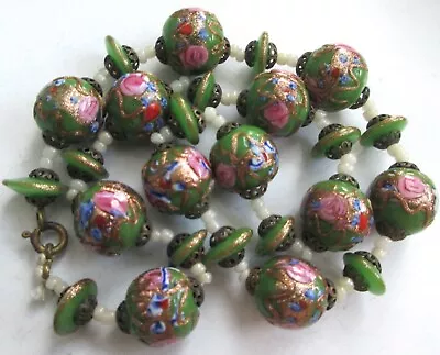 ITALY Vintage VENETIAN GLASS BEADS NECKLACE Green W/Pink Roses Wedding Cake AS • $10.50