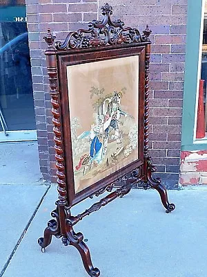 Victorian Antique Ornate Wood Carved Needlepoint Fireplace Screen Museum Quality • $1299.99