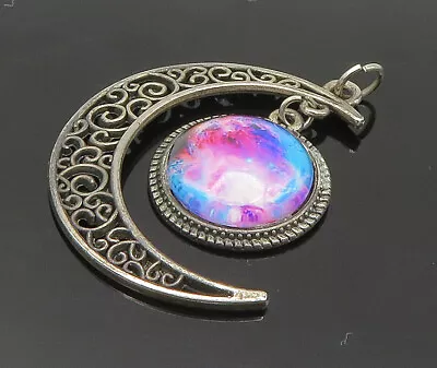 925 Sterling Silver - Vintage Swirl Pattern Crescent Moon Pendant - PT16732 • $36.27