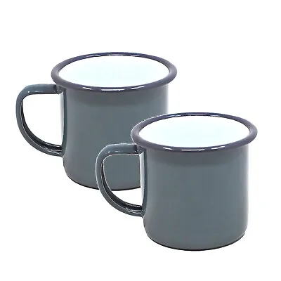 2pcs Falcon Grey Black Rim 350ml Coffee Mug Enamel Tin Gas Electric Hobs Safe • £12.25