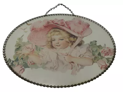 Vintage Victorian Girl W/ Roses Flue Cover Oval Wall Art With Brass Chain Trim • $24